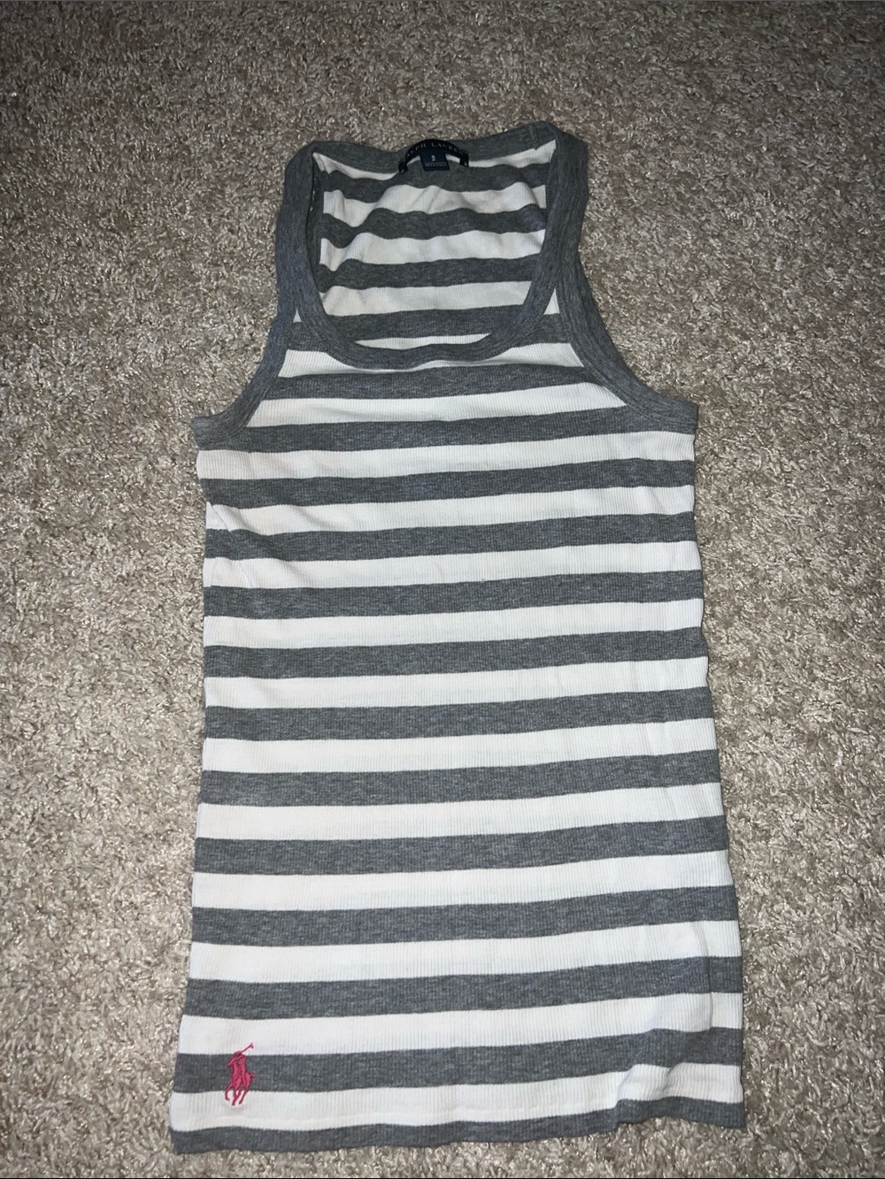 Polo by Ralph Lauren Gray & White Striped Racerback Tank with Pink Logo